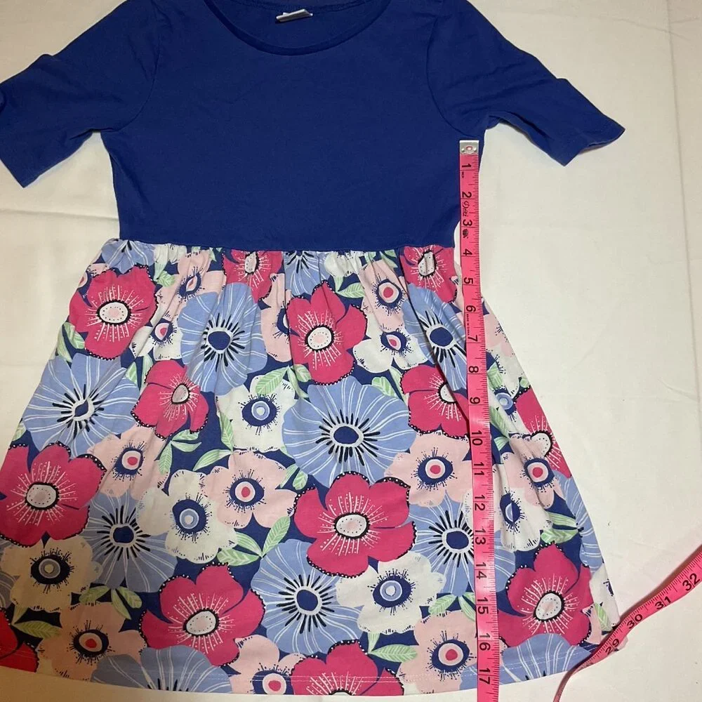 Gymboree Girls Size Small 5-6 Blue Solid Top Floral Bottom Short Sleeve Dress